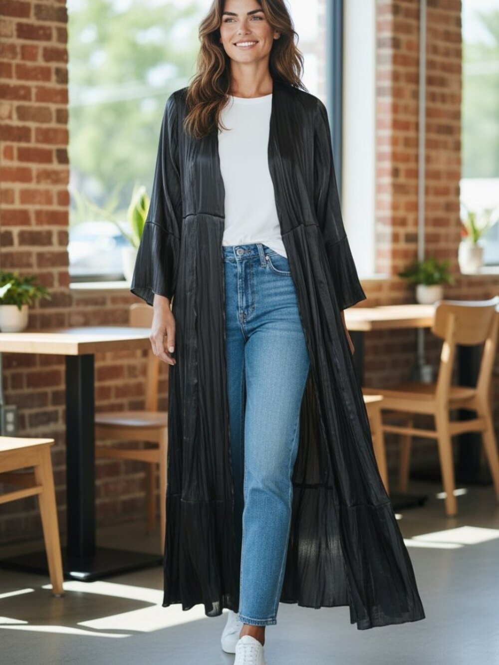 NWOT Good American 5 Black GrayPleated Duster Kimono Open Front Maxi Cover Up
